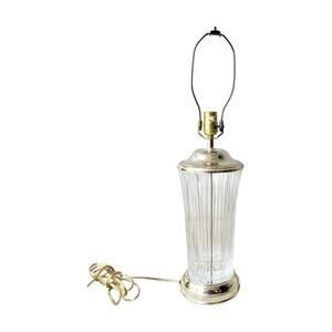 1970s Vintage Ribbed Crystal & Gold Tone Metal Table Lamp 24” Hollywood Regency